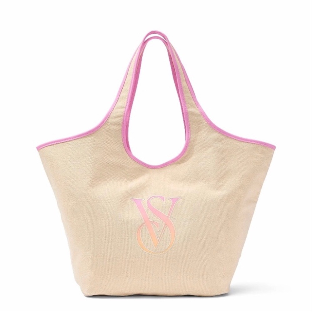 Victoria's Secret Pink Trim Beige Canvas Tote